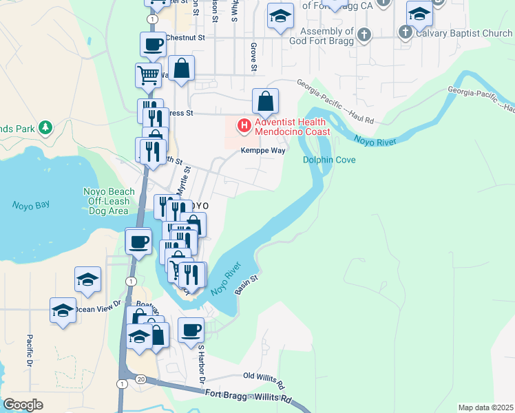 map of restaurants, bars, coffee shops, grocery stores, and more near 440 South Street in Fort Bragg