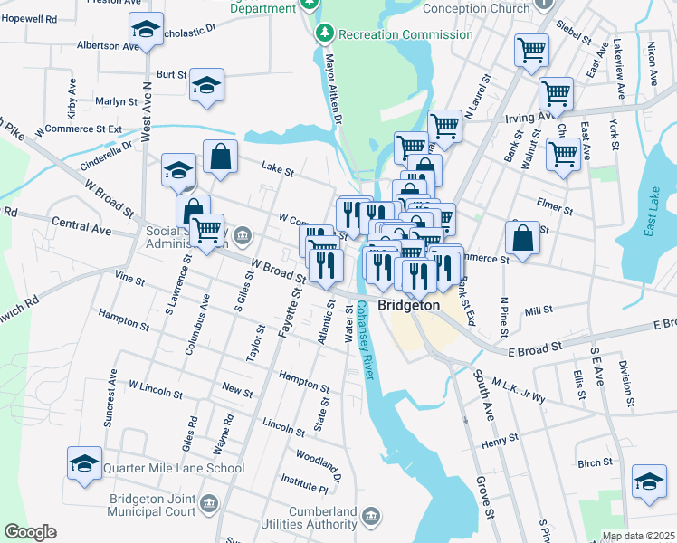 map of restaurants, bars, coffee shops, grocery stores, and more near 8 Water Street in Bridgeton