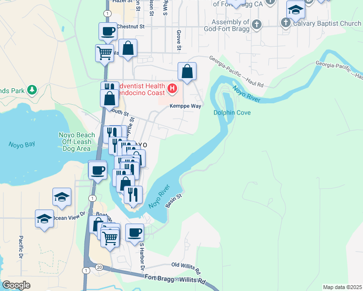 map of restaurants, bars, coffee shops, grocery stores, and more near 440 South Street in Fort Bragg