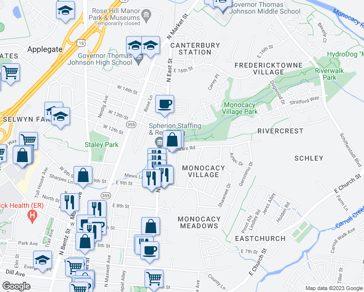 map of restaurants, bars, coffee shops, grocery stores, and more near 315 Delaware Road in Frederick