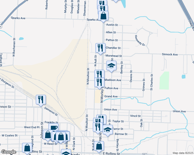 map of restaurants, bars, coffee shops, grocery stores, and more near 100-198 Franklin Avenue in Moberly