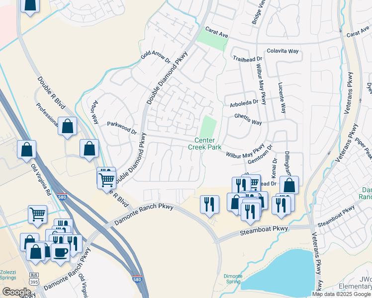map of restaurants, bars, coffee shops, grocery stores, and more near 10552 Iron Point Circle in Reno