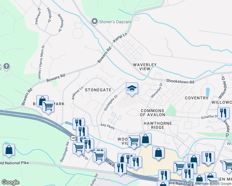 map of restaurants, bars, coffee shops, grocery stores, and more near 179 Stonegate Drive in Frederick