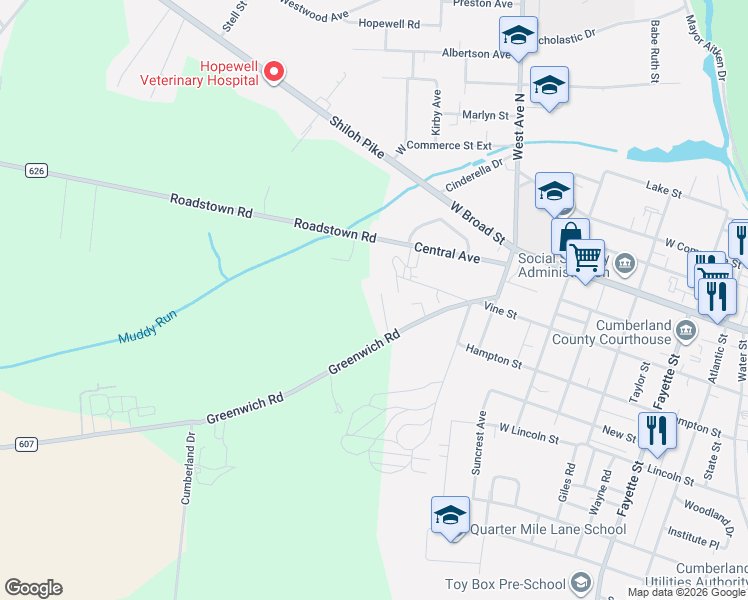 map of restaurants, bars, coffee shops, grocery stores, and more near 24 Forest Avenue in Bridgeton