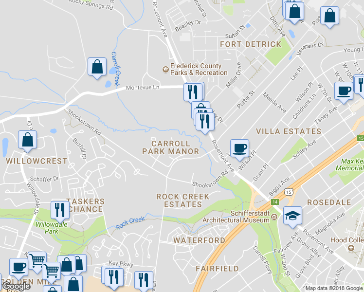 map of restaurants, bars, coffee shops, grocery stores, and more near 1635 Colonial Way in Frederick