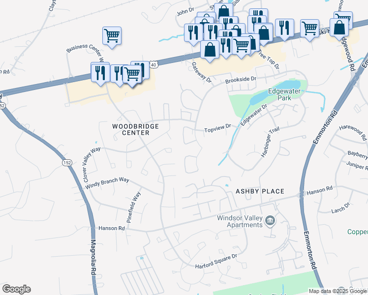 map of restaurants, bars, coffee shops, grocery stores, and more near 1725 Fountain Rock Way in Edgewood