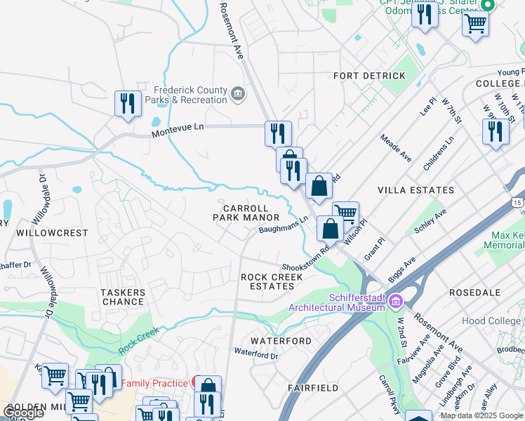 map of restaurants, bars, coffee shops, grocery stores, and more near 1635 Colonial Way in Frederick