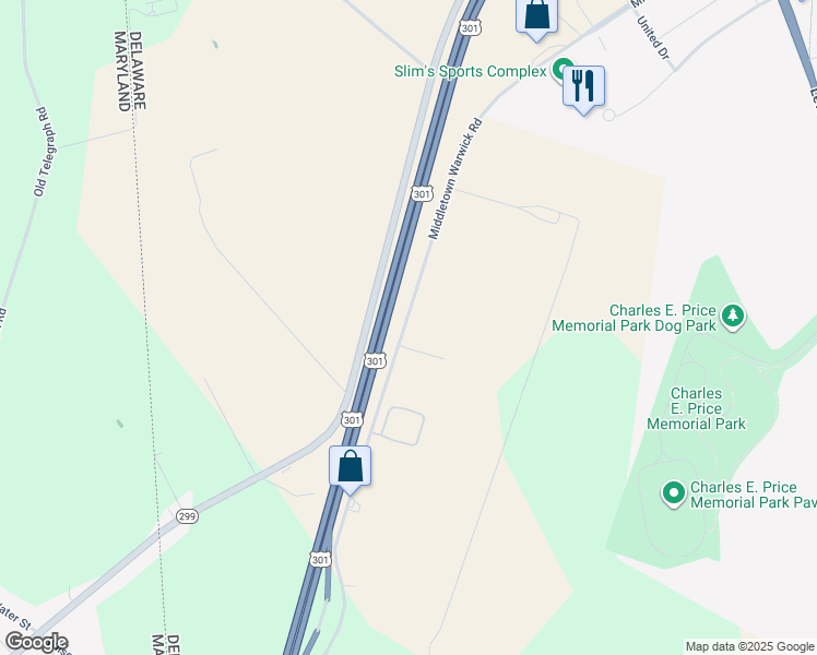 map of restaurants, bars, coffee shops, grocery stores, and more near U.S. 301 in Middletown