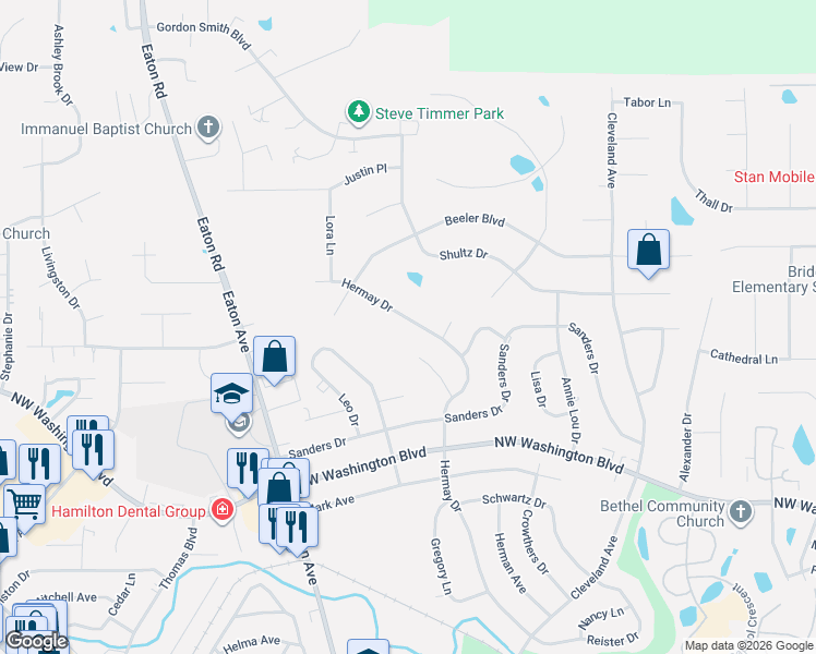 map of restaurants, bars, coffee shops, grocery stores, and more near 580 Hermay Drive in Hamilton