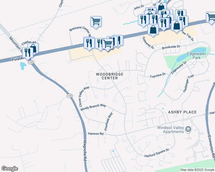 map of restaurants, bars, coffee shops, grocery stores, and more near 909 Olive Branch Court in Edgewood