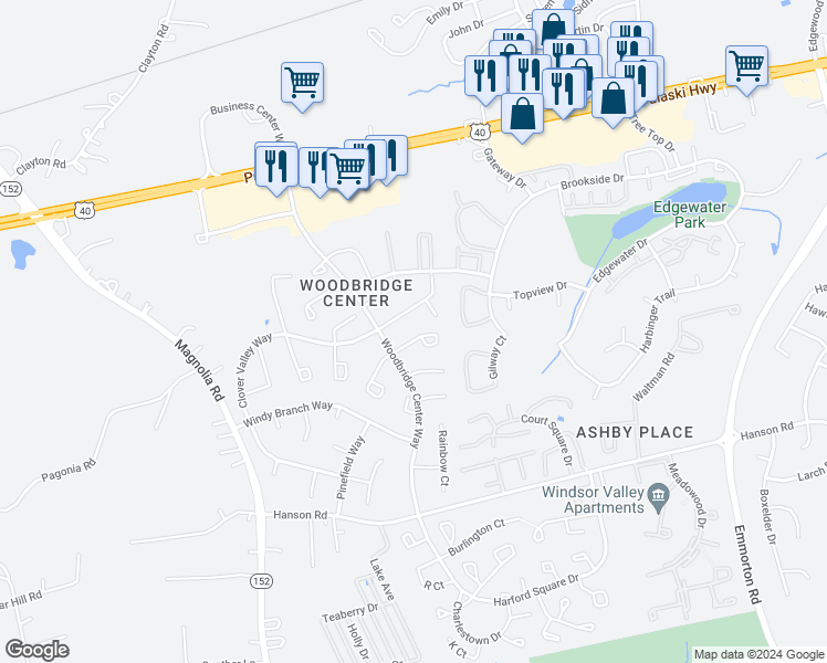 map of restaurants, bars, coffee shops, grocery stores, and more near 1324 East Spring Meadow Court in Edgewood
