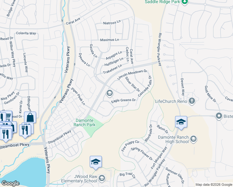 map of restaurants, bars, coffee shops, grocery stores, and more near 10045 Hampton Park Drive in Reno