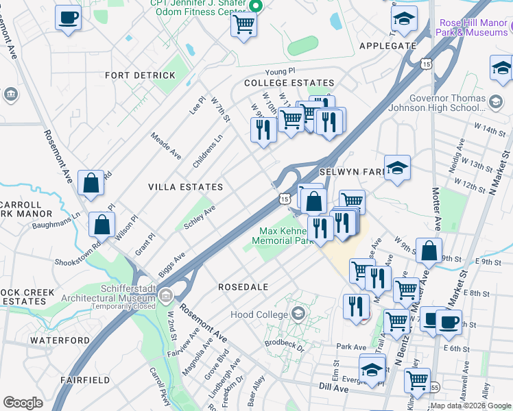 map of restaurants, bars, coffee shops, grocery stores, and more near 622 Biggs Avenue in Frederick