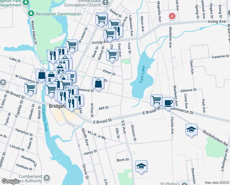 map of restaurants, bars, coffee shops, grocery stores, and more near 297 East Commerce Street in Bridgeton