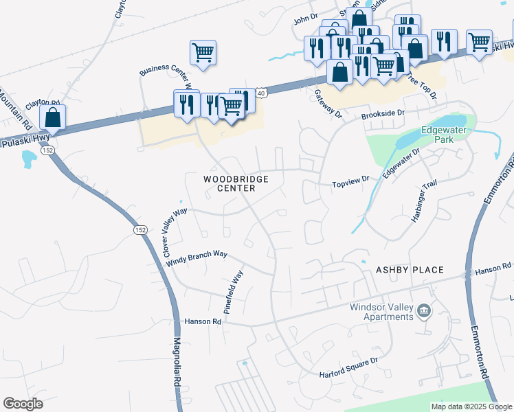 map of restaurants, bars, coffee shops, grocery stores, and more near 1301 Clover Valley Way in Edgewood