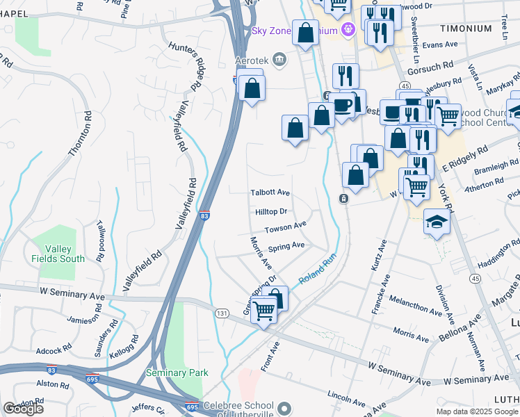 map of restaurants, bars, coffee shops, grocery stores, and more near 513 Talbott Avenue in Lutherville-Timonium