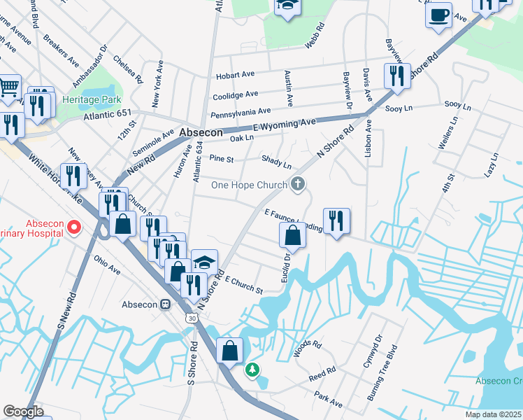 map of restaurants, bars, coffee shops, grocery stores, and more near 2-24 E Faunce Landing Rd in Absecon