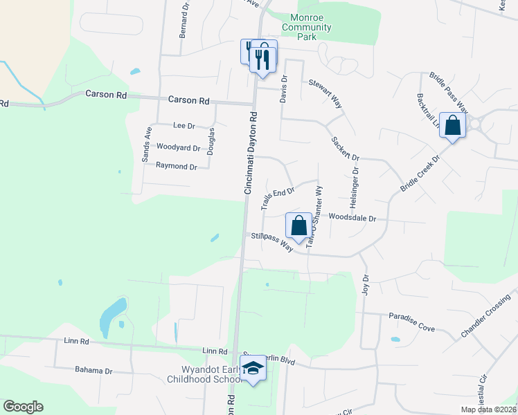 map of restaurants, bars, coffee shops, grocery stores, and more near 45 Trails End Drive in Monroe