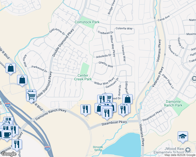 map of restaurants, bars, coffee shops, grocery stores, and more near 1600 Sewell Drive in Reno