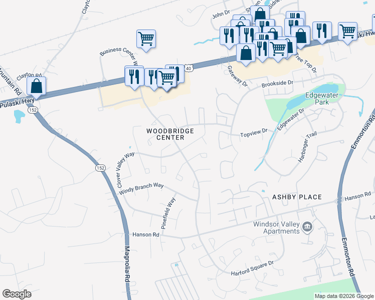 map of restaurants, bars, coffee shops, grocery stores, and more near 1301 Clover Valley Way in Edgewood