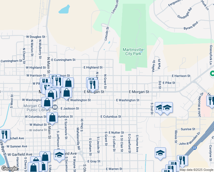 map of restaurants, bars, coffee shops, grocery stores, and more near 760 East Pike Street in Martinsville