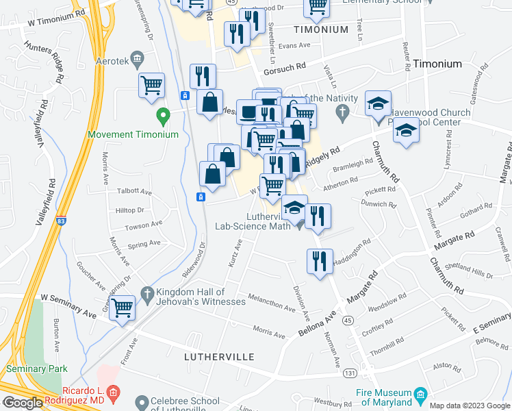 map of restaurants, bars, coffee shops, grocery stores, and more near 1727 Kurtz Avenue in Lutherville-Timonium