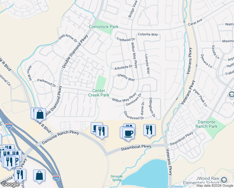 map of restaurants, bars, coffee shops, grocery stores, and more near 1600 Sewell Drive in Reno