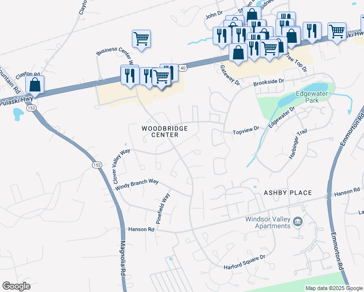map of restaurants, bars, coffee shops, grocery stores, and more near 1301 Clover Valley Way in Edgewood