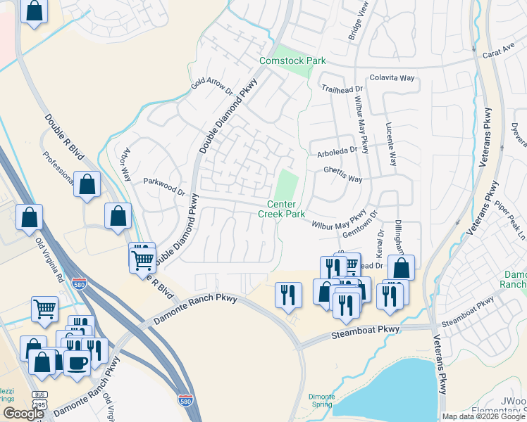 map of restaurants, bars, coffee shops, grocery stores, and more near 10552 Iron Point Circle in Reno