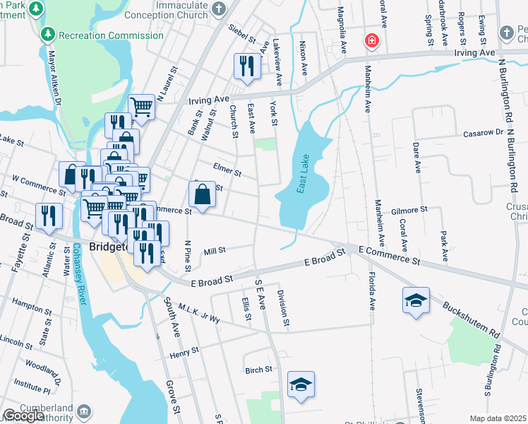 map of restaurants, bars, coffee shops, grocery stores, and more near 29 East Avenue in Bridgeton