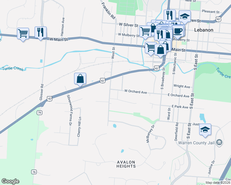 map of restaurants, bars, coffee shops, grocery stores, and more near 362 South West Street in Lebanon