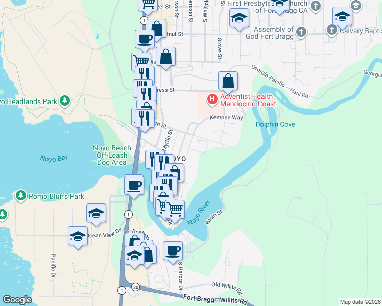 map of restaurants, bars, coffee shops, grocery stores, and more near 860 Hazelwood Street in Fort Bragg