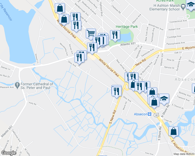 map of restaurants, bars, coffee shops, grocery stores, and more near 612 Ohio Avenue in Absecon
