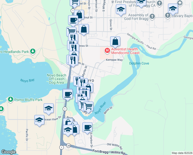 map of restaurants, bars, coffee shops, grocery stores, and more near 860 Hazelwood Street in Fort Bragg