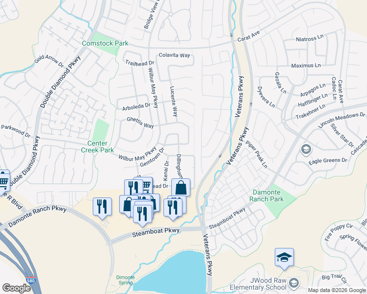 map of restaurants, bars, coffee shops, grocery stores, and more near 1760 Camaraderie Way in Reno