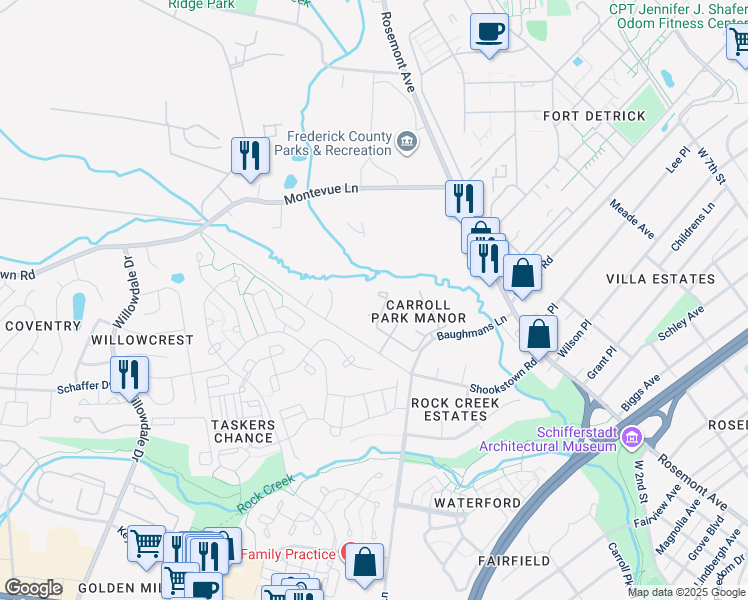 map of restaurants, bars, coffee shops, grocery stores, and more near 1848 Murdock Court in Frederick