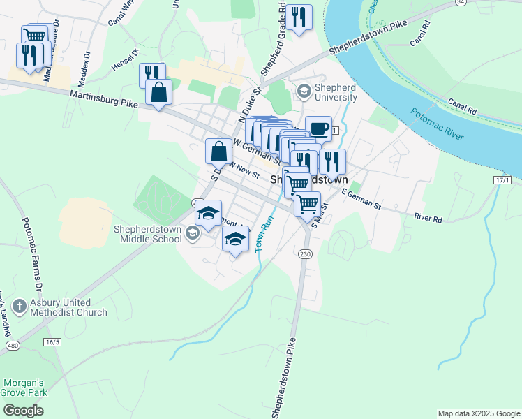 map of restaurants, bars, coffee shops, grocery stores, and more near 391 South King Street in Shepherdstown
