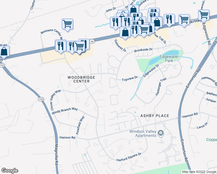 map of restaurants, bars, coffee shops, grocery stores, and more near 1721 Fountain Rock Way in Edgewood