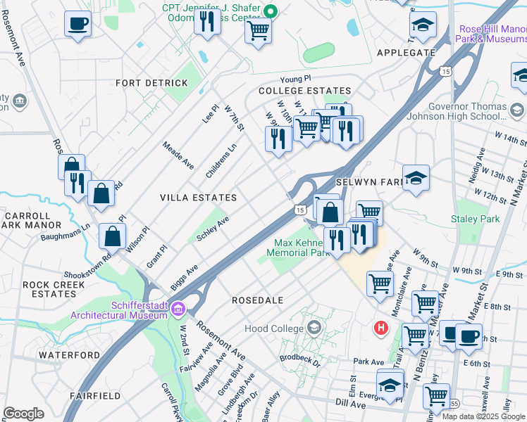 map of restaurants, bars, coffee shops, grocery stores, and more near 621 Biggs Avenue in Frederick