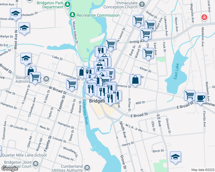 map of restaurants, bars, coffee shops, grocery stores, and more near 110 East Commerce Street in Bridgeton