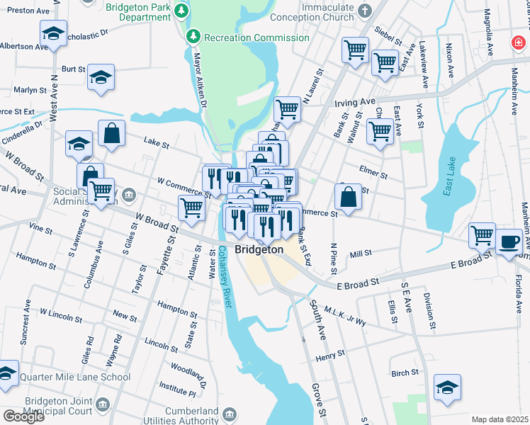 map of restaurants, bars, coffee shops, grocery stores, and more near 75 East Commerce Street in Bridgeton