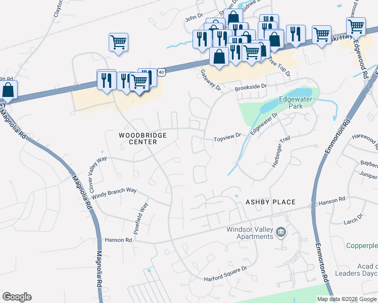 map of restaurants, bars, coffee shops, grocery stores, and more near 1721 Fountain Rock Way in Edgewood