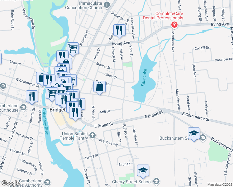 map of restaurants, bars, coffee shops, grocery stores, and more near 297 East Commerce Street in Bridgeton