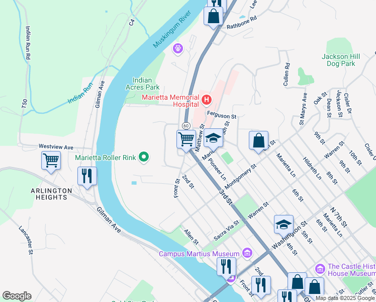 map of restaurants, bars, coffee shops, grocery stores, and more near 1009 Front Street in Marietta