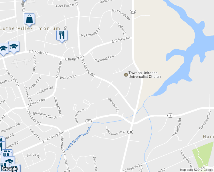 map of restaurants, bars, coffee shops, grocery stores, and more near 1612 Pot Spring Road in Lutherville-Timonium