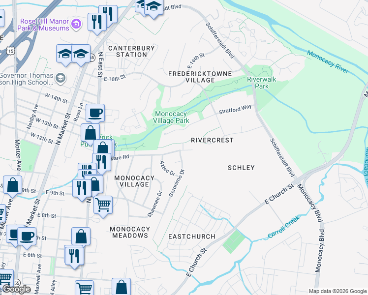 map of restaurants, bars, coffee shops, grocery stores, and more near 441 Delaware Road in Frederick