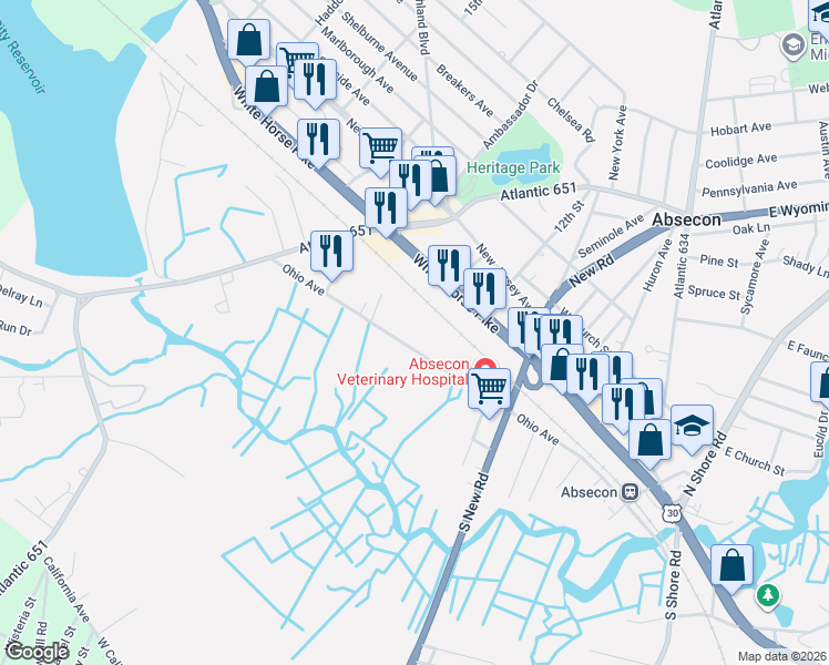 map of restaurants, bars, coffee shops, grocery stores, and more near 612 Ohio Avenue in Absecon