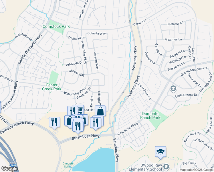 map of restaurants, bars, coffee shops, grocery stores, and more near 10395 Rosemount Drive in Reno