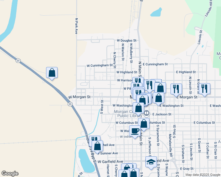 map of restaurants, bars, coffee shops, grocery stores, and more near 360 West Pike Street in Martinsville