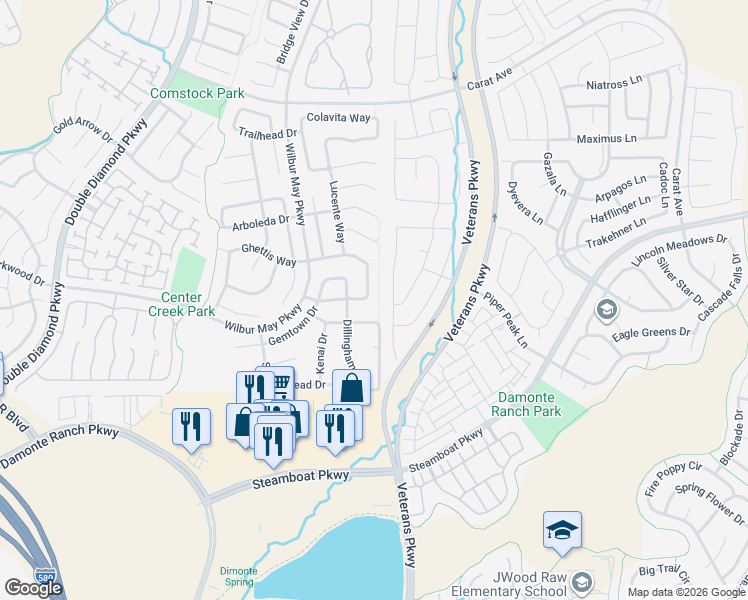 map of restaurants, bars, coffee shops, grocery stores, and more near 10395 Rosemount Drive in Reno